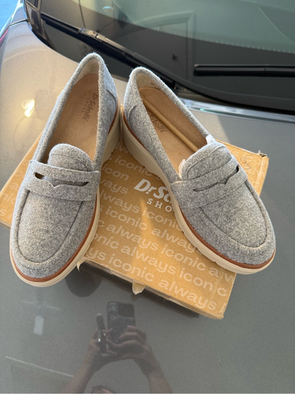 Dr. Scholl's Women's Gray Wool-Look Penny Loafers with Tan Trim